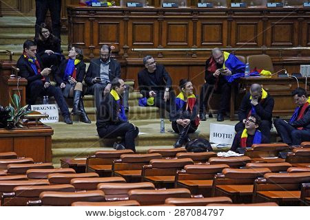 Bucharest, Romania - February 01, 2017: Members Of Romanian Parliament Opposition, Save Romania Unio