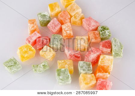 Different Colours Turkish Delight Isolated On White Background