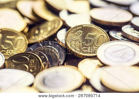 Close-up A Pile Of New Euro Coins In Other Compositions