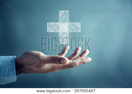 Man Touching Plus Or Cross Sign In Screen