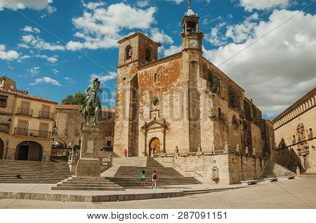 San Martin Church And Pizarro Statue At The Plaza Mayor Of Trujillo