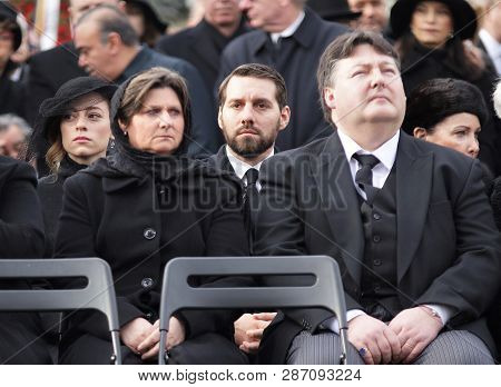 Bucharest, Romania - December 16, 2017: The funeral of King Michael I of Romania outside the Royal Palace in Bucharest.