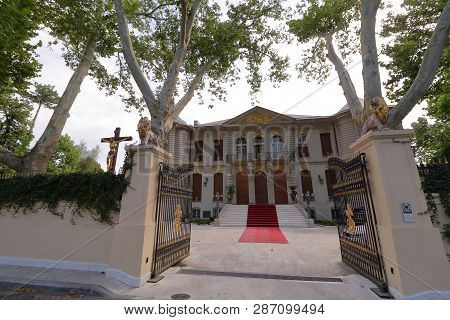 Bucharest, Romania - August 28, 2018: View of House Manu-Ausschnitt (Casa Manu-Auschnitt), built in 1915 according to the plans of the architect Grigore Cerchez, in Bucharest. Today the house belongs to FCSB football club financier, George Becali.