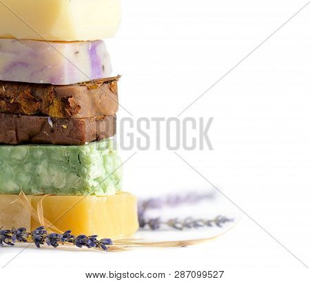Homemade Soap Stack With Dried Lavender On White Background. Natural Organic Soap Bars