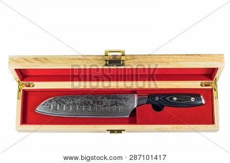 Santoku Knife In A Wooden Box Isolated On White Background
