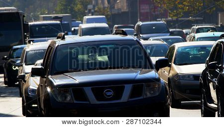 Bucharest, Romania - October 12, 2018: Cars Are Trapped In Traffic Jam At Peak Hours On General Gheo