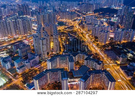 Kowloon Bay, Hong Kong, 16 February 2019:  Top down view of Hong Kong Kowloon side at night