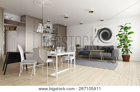 modern house interior. Sofa and kitchen zone. 3d rendering concept