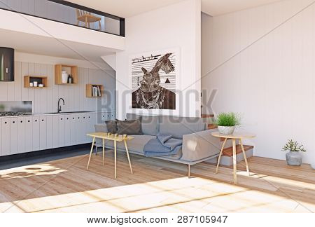modern house interior. Sofa and kitchen zone. 3d rendering concept