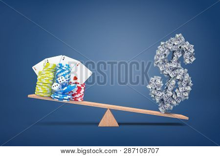 3d Rendering Of Wooden Seesaw With A Dollar Sign Overweighing Casino Cards, Dice And Chips.