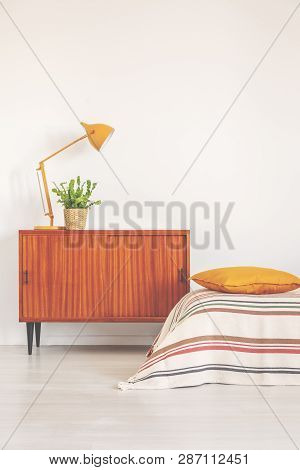 Yellow Lamp And Plant In Pot On Vintage Cabinet In Elegant Bedroom Interior, Real Photo With Copy Sp
