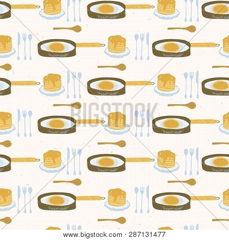 Cute Vector Pancake Day Breakfast Illustration. Seamless Repeating Pattern.