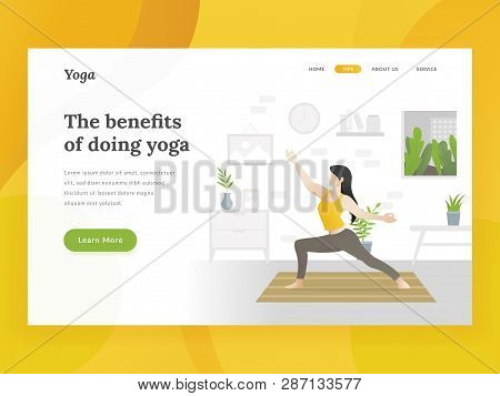 Landing Page Template Of Home Yoga. Woman Doing Fitness Workout. Flat Illustration Style For Female 