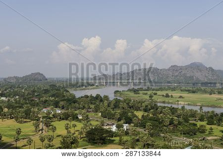 Horizontal Picture Of Amazing View Of Thanlwin Bridge And Nature Around Hpa-an, Myanmar