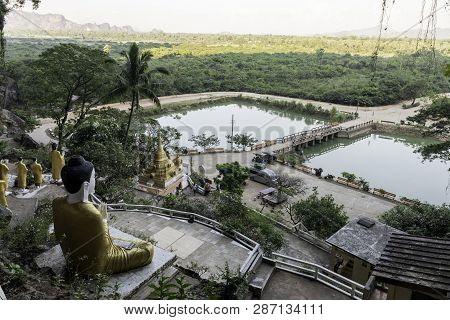 Hpa-an, Myanmar - 19 November, 2018: Horizontal Picture Of The Entrance Of Yathaypyan Cave With A Hu