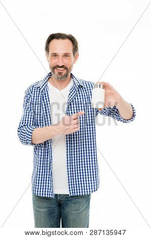 Health And Wellness. Mature Man Pointing At Pill Bottle. Senior Man With Medicine Pill And Vitamin C