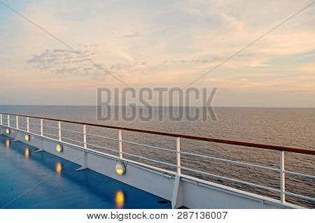 Shipboard On Idyllic Seascape On Evening Sky. Ship Board In Miami, Usa In Blue Sea. Water Travel, Vo