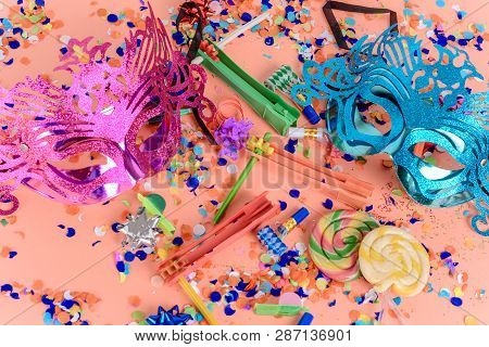 Purim With Carnival Mask, Party Costume And Hamantasc