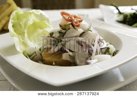 Fish Ceviche, Peruvian Cuisine. Cebiche. Typical Dish Of Peruvian Cuisine