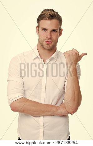 Try This Model. Man Confident Face Ready To Help White Background. Guy With Bristle Glad To Help You