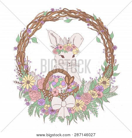 Vector Pastel Floral Easter Bunny Illustration With Flowers, Easter Eggs, Basket, Wreath, Chocolate 