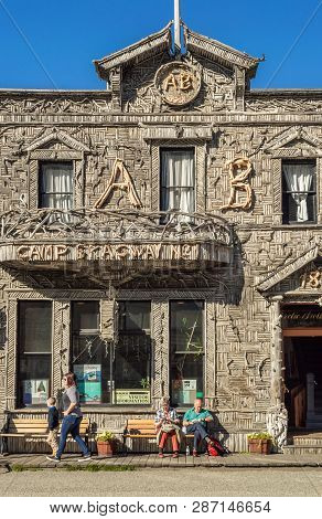 September 15, 2018 - Skagway, Ak: Facade Of Historic Arctic Brotherhood Hall.