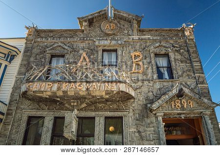September 15, 2018 - Skagway, Ak: Facade Of Historic Arctic Brotherhood Hall.