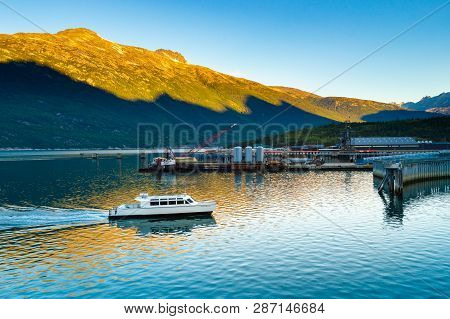 September 15, 2018 - Skagway, Ak: Fjordlands Express Local Ferry Arriving In Harbour At Daybreak.