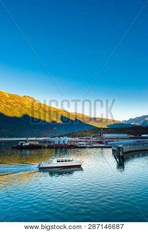 September 15, 2018 - Skagway, Ak: Fjordlands Express Local Ferry Arriving In Harbour At Daybreak.