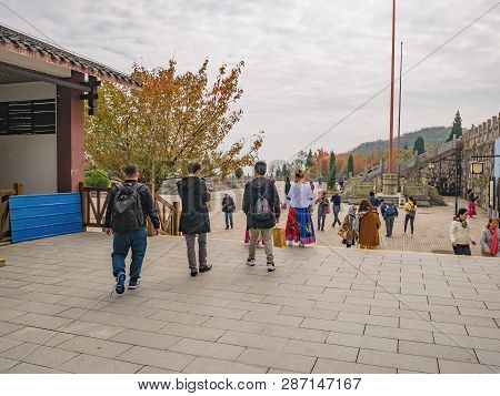 Zhangjiajie/china - 15 October 2018:unacquainted Tourists Walking To Tianmen Temple On Tianmen Mount