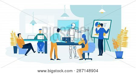 Robot And People Work Together. Future Technology Solution For Businessman. Intelligent Android In D