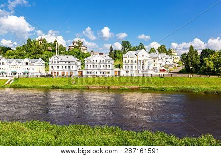 Torzhok, Russia - July 16, 2017: Provincial Russian Town Of Torzhok In Summer Sunny Day. Old Buildin