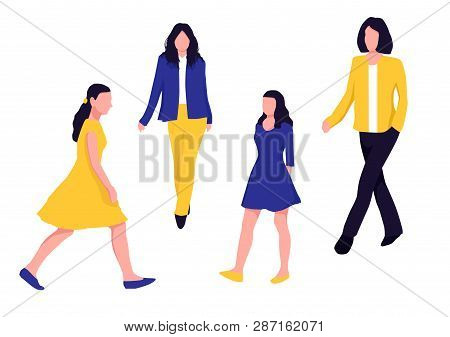 Woman Walking Silhouette. Colorful Set. Vector Illustration On White Background