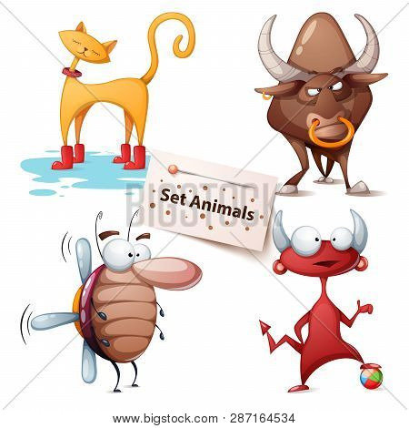 Cat, Bull, Cockroach Devil - Set Animals Vector Eps 10