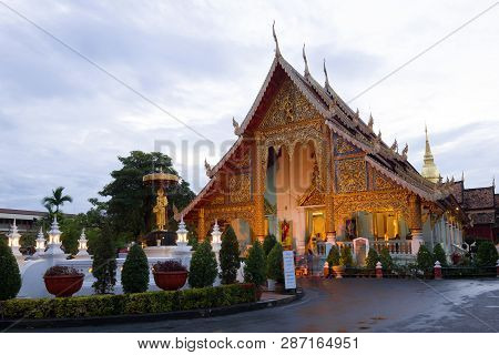 Chiang Mai, Thailand - December 20, 2018: Evening Twilight At The Buddhist Temple Of Wat Phra Singh