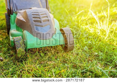 Lawn Mower Cutting Green Grass In Backyard In Sunny Day. Gardening Country Lifestyle Background. Bea