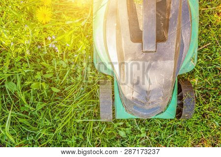 Lawn Mower Cutting Green Grass In Backyard In Sunny Day. Gardening Country Lifestyle Background. Bea