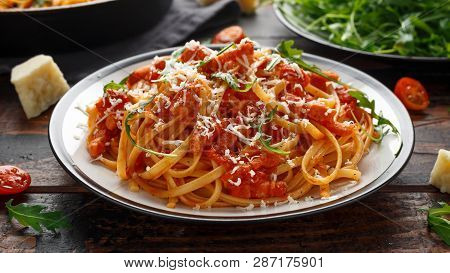 Spaghetti Alla Amatriciana With Pancetta Bacon, Tomatoes And Pecorino Cheese