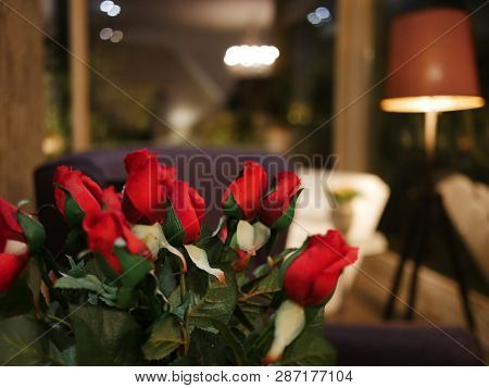 Rose Bouquet. Soft Focus Of A Rose Bouquet With Living Room Background