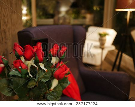 Rose Bouquet. Soft Focus Of A Rose Bouquet With Living Room Background