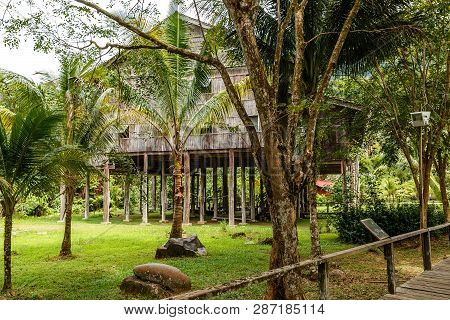 Traditional Wooden Houses. Melanau Tall In The Kuching To Sarawak Culture Village. Borneo. Malaysia.