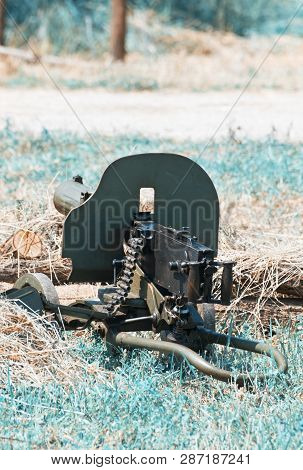 Green German Machine Gun Of World War Ii. Ready To Fire. Teal And Orange Photo Filter.