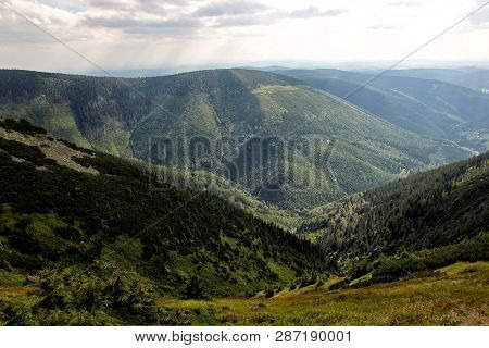 The View From Mountain Krakonos And Kozi Hrbety To The Valley.