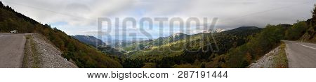 Panoramic View From Above On The Forests And Serpentine Of The Greek Island Of Evia With The Sea And