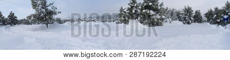 Panoramic View Wonderful Winter With Lots Of Snow And Snow Drifts In A Greek Village On The Island O