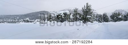 Panoramic View Wonderful Winter With Lots Of Snow And Snow Drifts In A Greek Village On The Island O