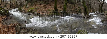 Panoramic View Mountainous Rapid River With Clear Water In The Forest In The Mountains Dirfys On The
