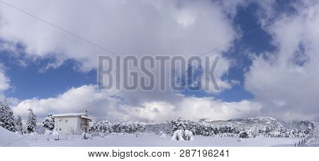 Panoramic View Wonderful Winter With Lots Of Snow And Snow Drifts In A Greek Village On The Island O