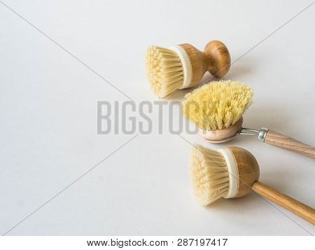 Dish Washing Brushes. Sustainable Lifestyle Zero Waste Concept. Clean Without Waste. No Plastic Obje