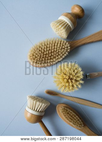 Dish Washing Brushes, Body Brush And Toothbrushes On Blue Background. Sustainable Lifestyle Zero Was